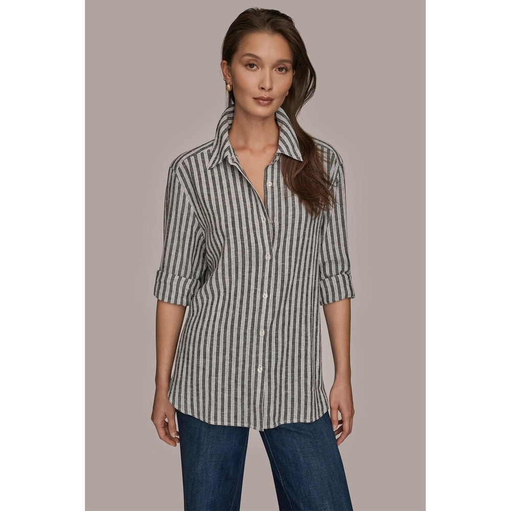 Donna Karan Weekend Striped Linen-Blend Shirt L Coastal Preppy Travel Breathable - Picture 6 of 16